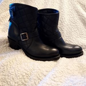 Sonora Double H MIA Black Leather Quilted Moto Ankle Boots Lug Soles Sz …